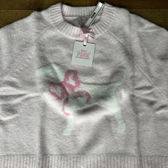 Victoria Secret PINK LoveShackFancy Boxy Sweater Pink Tulip Dog Bow Sz S NEW - Picture 4 of 7